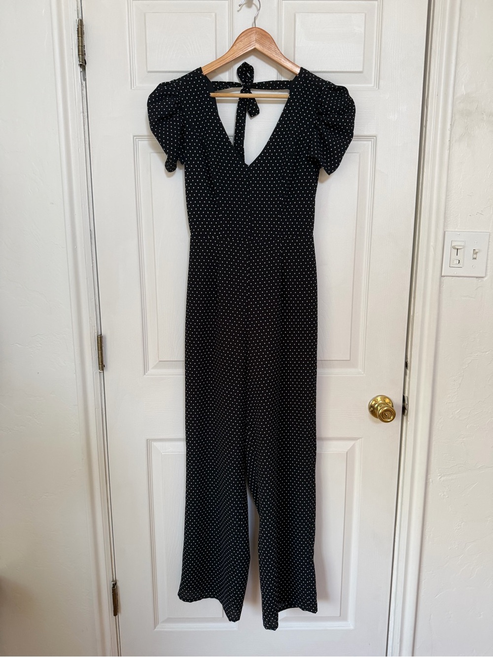 Navy Polka Dot V-Neck Jumpsuit with Puff Sleeves